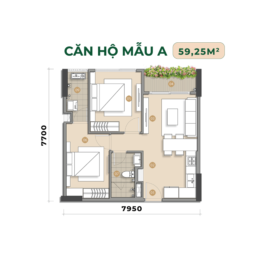 Căn hộ 60m2 Trellia Cove Mizuki