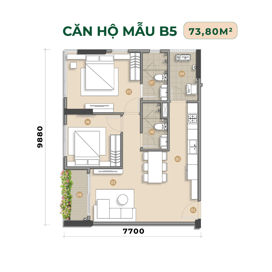 Căn hộ 73m2 Trellia Cove Mizuki