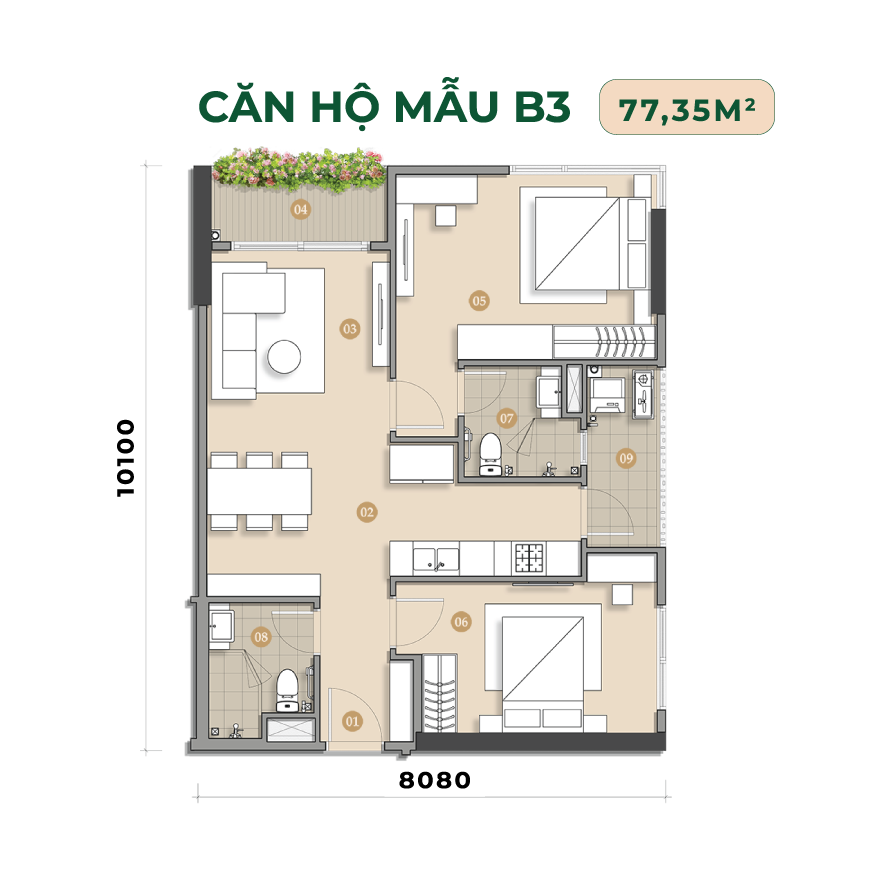 Căn hộ 77m2 Trellia Cove Mizuki