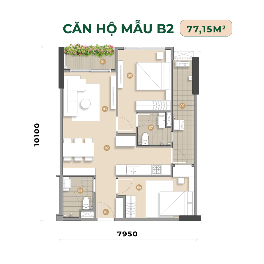 Căn hộ 77m2 Trellia Cove Mizuki