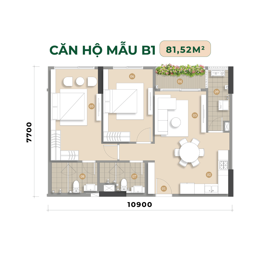 Căn hộ 81m2 Trellia Cove Mizuki