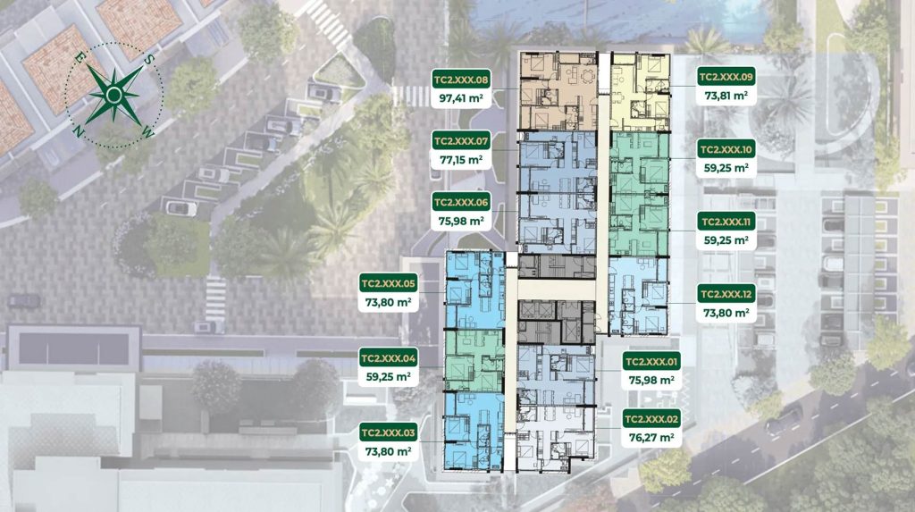 Mặt bằng tháp T2 căn hộ Trellia Cove Mizuki